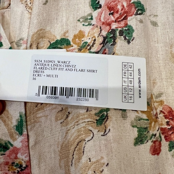 $1645 Erdem Ecru Multi Flared Cuff Fit & Flare Floral Linen Shirt Dress Size 12 - Picture 10 of 11